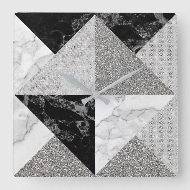 Black Silver Glitter Marble Gray Geometry Metallic Square Wall Clock (Front)