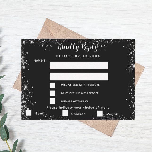 Black silver glitter menu choises wedding RSVP (Creator Uploaded)