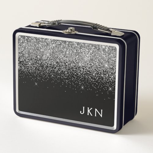 Black Silver Glitter Metal Girly Monogram Name Metal Lunch Box