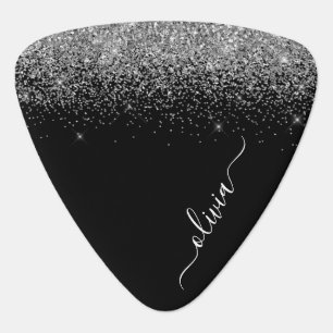 Black Silver Glitter Metal Monogram Name Guitar Pick