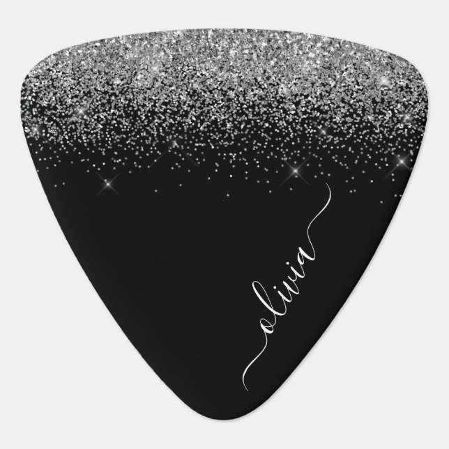 Black Silver Glitter Metal Monogram Name Guitar Pick (Front)