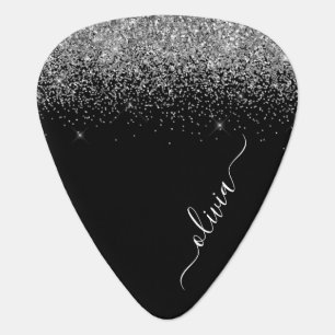 Black Silver Glitter Metal Monogram Name Guitar Pick