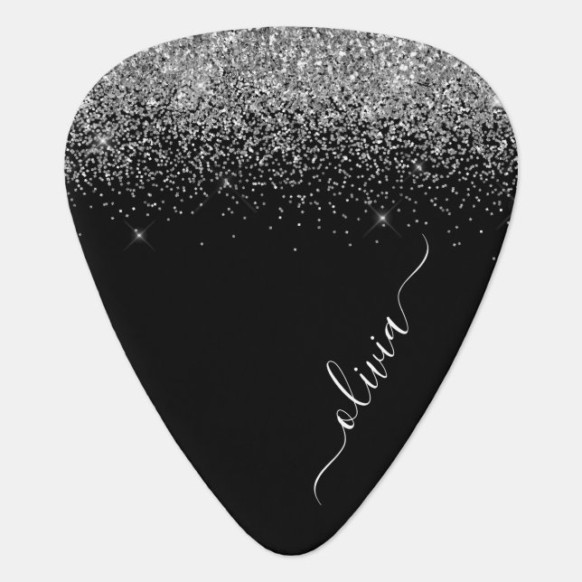 Black Silver Glitter Metal Monogram Name Guitar Pick (Front)