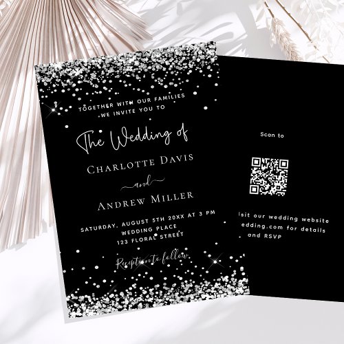 Black silver glitter modern QR code RSVP wedding Invitation
