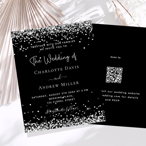 Black silver glitter modern QR RSVP budget wedding