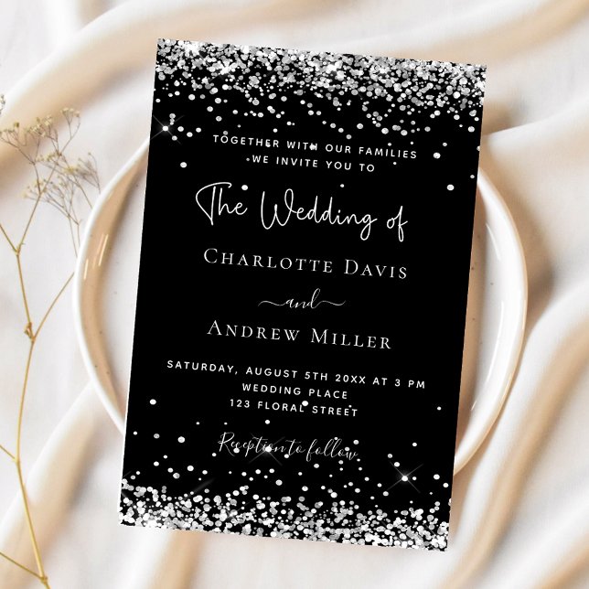 Black silver glitter modern wedding invitation (Creator Uploaded)