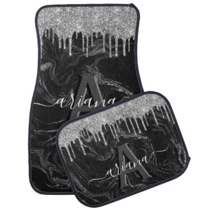 Black Silver Glitter Monogram Car Floor Mat