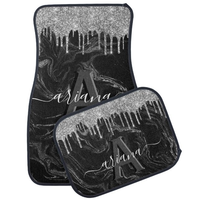 Black Silver Glitter Monogram Car Floor Mat (Set)