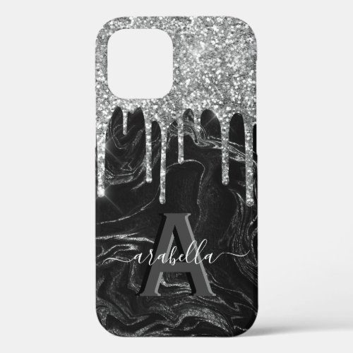 Black Silver Glitter Monogram iPhone 12 Case - Elegant girly iphone 12 case featuring a black & silver marble background, silver sparkle glitter drips, your initial, and name.