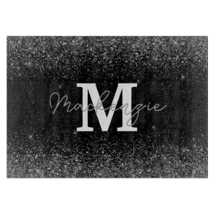 Black Silver Glitter Monogram Cutting Board