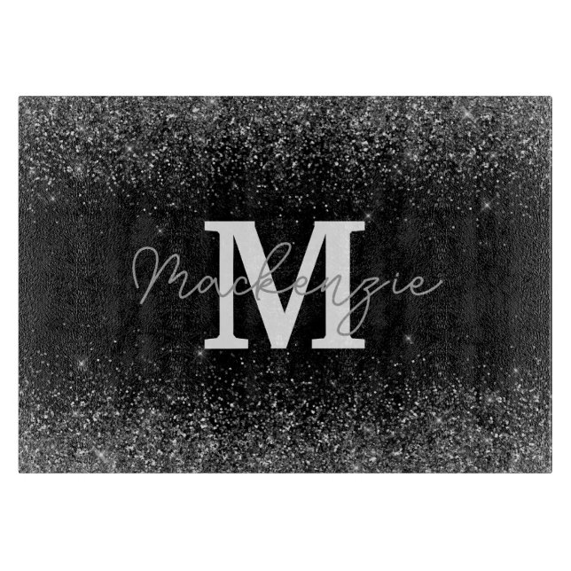 Black Silver Glitter Monogram Cutting Board (Front)