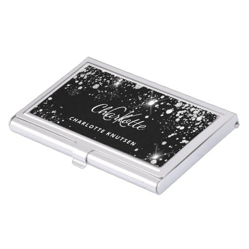 Black silver glitter monogram initails name business card case