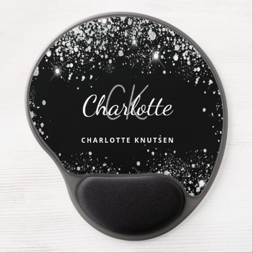 Black silver glitter monogram initails name gel mouse pad