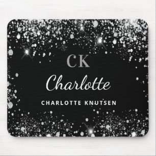 Black silver glitter monogram initails name mouse pad