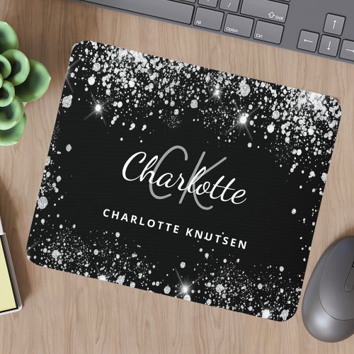 Black silver glitter monogram initails name mouse pad