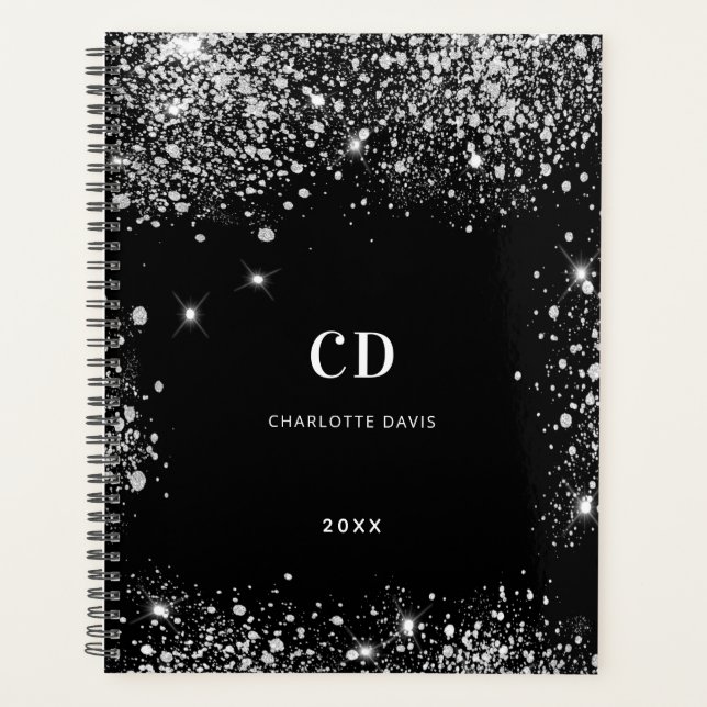 Black silver glitter monogram initials 2025 planner (Front)