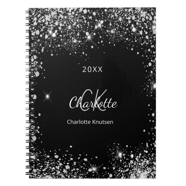 Black silver glitter monogram initials glamorous notebook (Front)