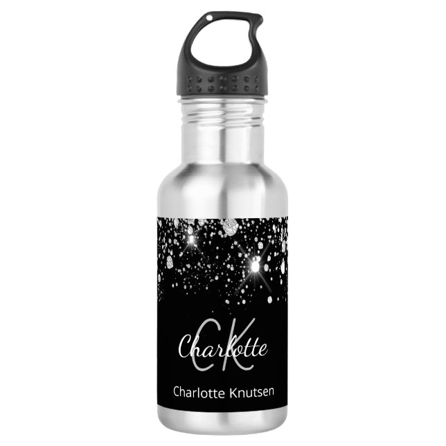 Black silver glitter monogram initials name  stainless steel water bottle (Front)