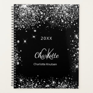 Black silver glitter monogram initials planner