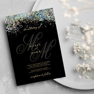 Black silver glitter monogram initials wedding  invitation