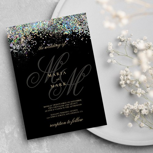 Black silver glitter monogram initials wedding  invitation