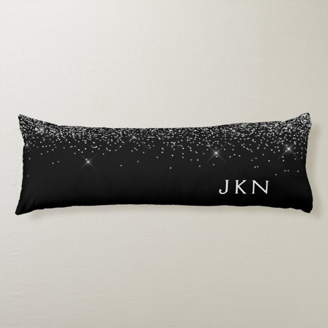 Black Silver Glitter Monogram Name Girly Body Pillow (Front)