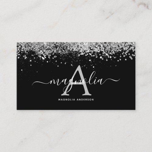 Black Silver Glitter Monogram Sparkle  Business Card