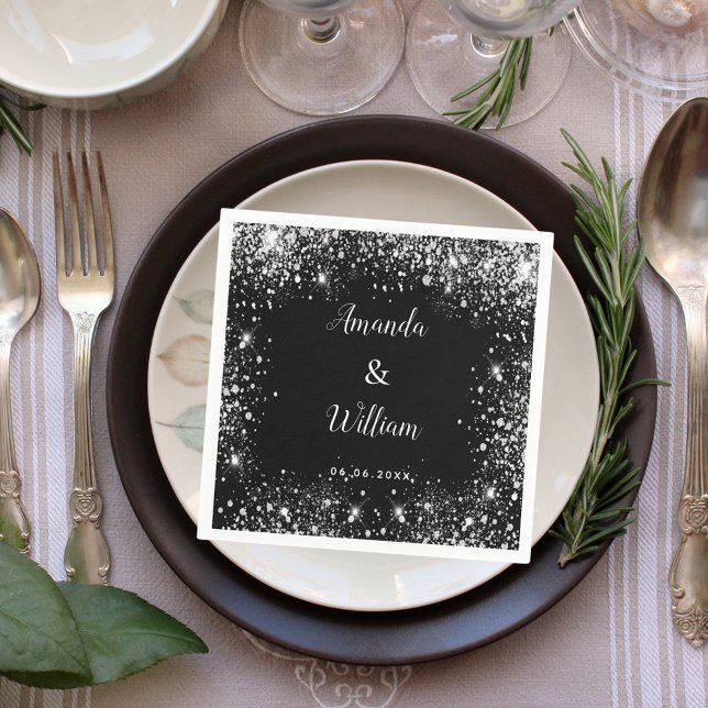 Black silver glitter monogram wedding napkins (Creator Uploaded)