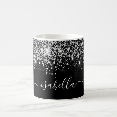 Black silver glitter name glam script coffee mug