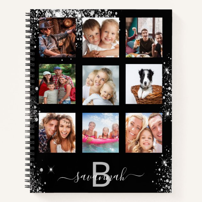 Black silver glitter name monogram photo collage notebook (Front)