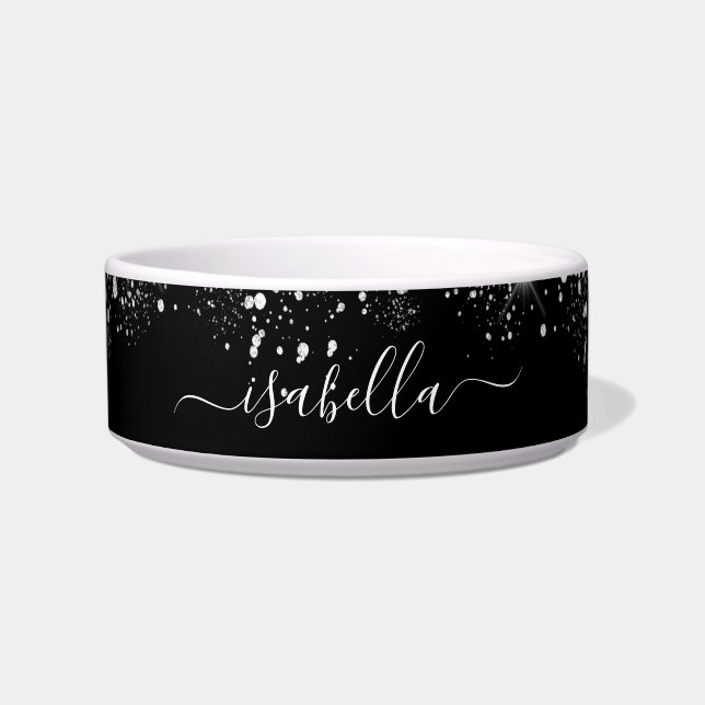 Black silver glitter name script bowl (Front)