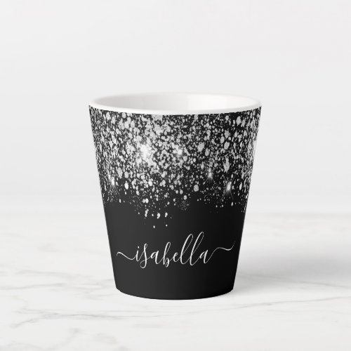 Black silver glitter name script latte mug