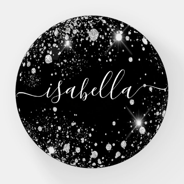 Black silver glitter name script paperweight (Front)