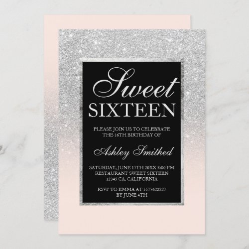 black silver glitter pink elegant chic Sweet 16 Invitation