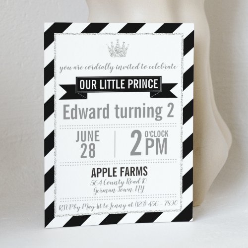 Black Silver Glitter Prince Birthday Invitation