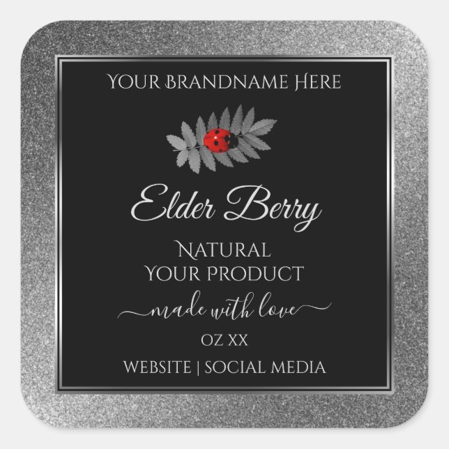 Black Silver Glitter Product Labels Red Ladybug (Front)