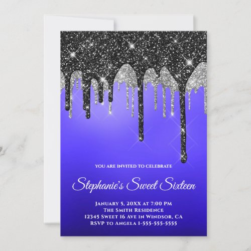 Black Silver Glitter Purple Indigo Ombre Sweet 16 Invitation