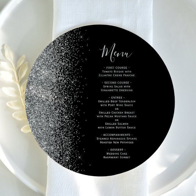 Black Silver Glitter Round Plate Wedding Menu (Creator Uploaded)