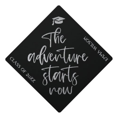 Black Silver Glitter Script Adventure Begins Text Graduation Cap Topper