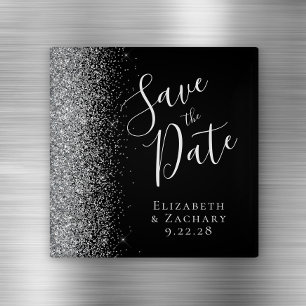 Black Silver Glitter Script Save the Date Magnet