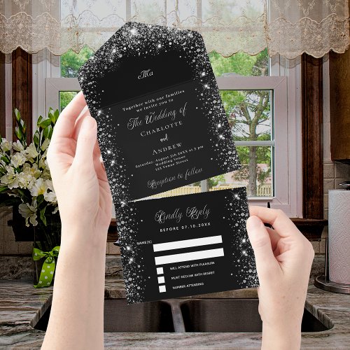 Black silver glitter script wedding all in one invitation
