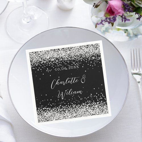 Black silver glitter script wedding napkins