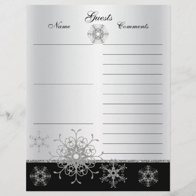 Black, Silver Glitter Snowflakes Guest Book Paper (Front)
