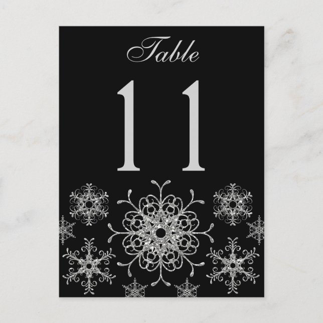 Black Silver Glitter Snowflakes Table Number Card (Front)