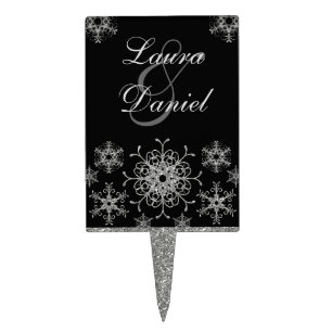 Black, Silver Glitter Snowflakes Wedding Cake Pick