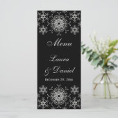 Black, Silver Glitter Snowflakes Wedding Menu Card (Standing Front)