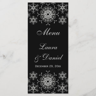 Black, Silver Glitter Snowflakes Wedding Menu Card