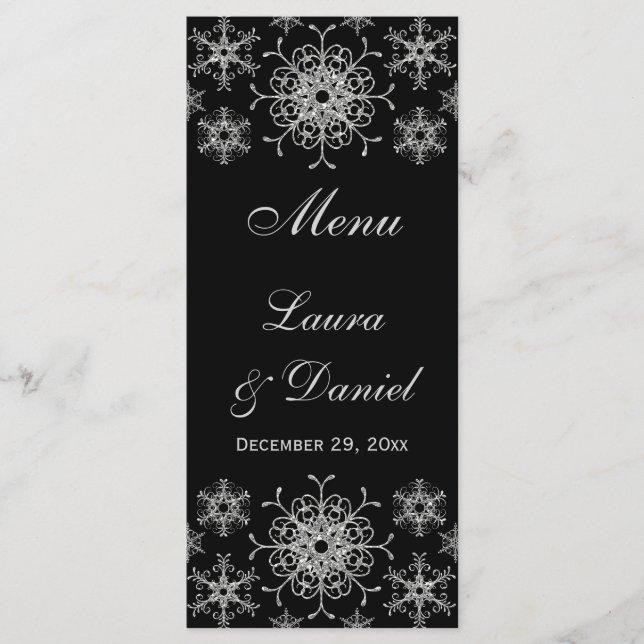 Black, Silver Glitter Snowflakes Wedding Menu Card (Front)