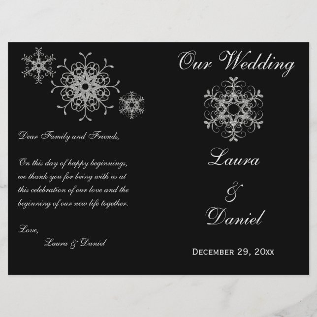 Black, Silver Glitter Snowflakes Wedding Program (Front)