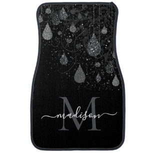 Black Silver Glitter Sparkle Monogram floral Car Floor Mat